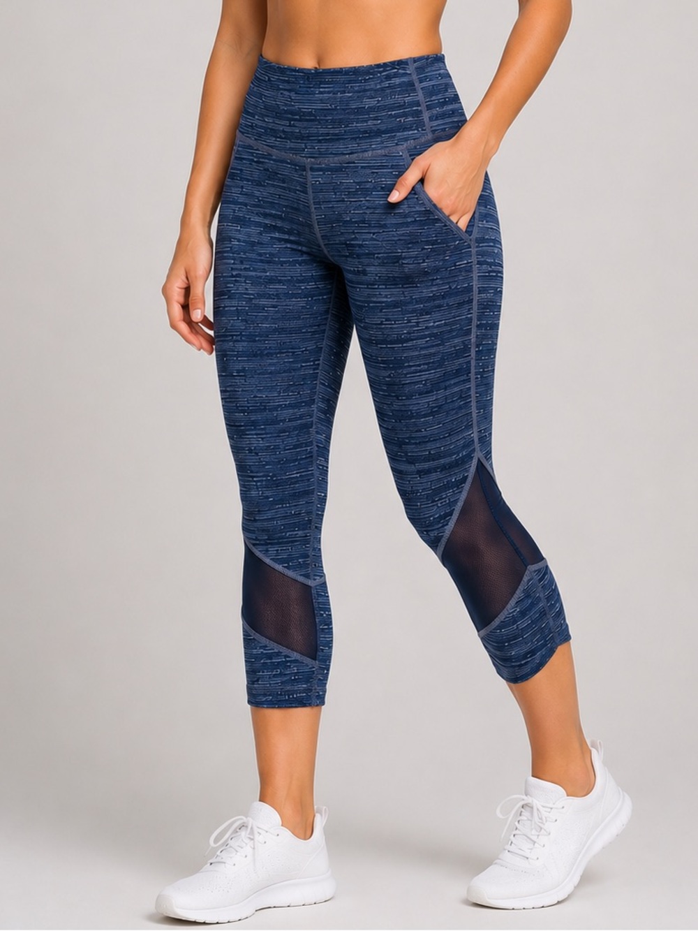 Athleta Navy Blue Space Dye Mesh Capri Leggings Pockets Size Large